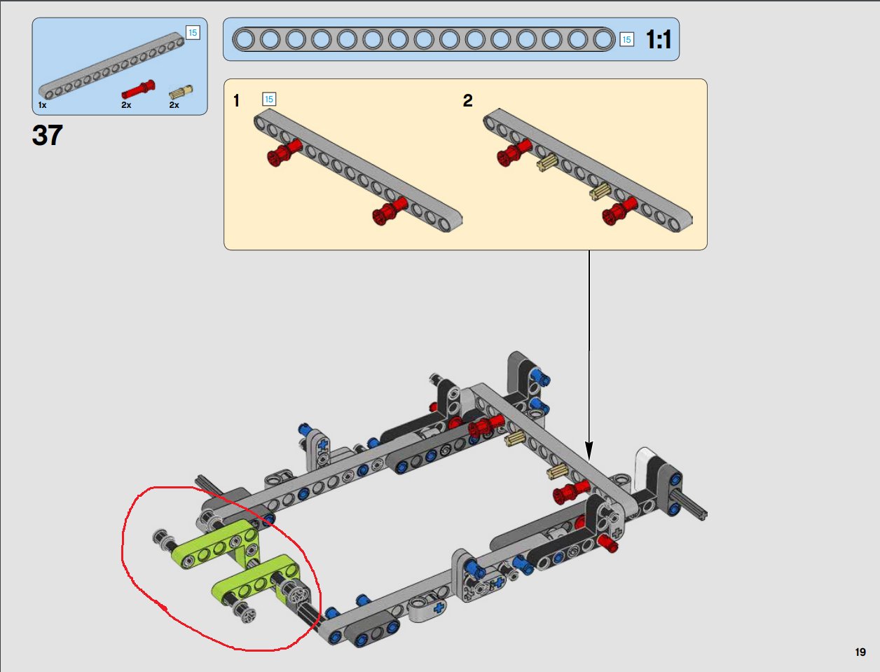 Image of the partially built racer with four black 2-length pins with bush heads halfway inserted in two green beams