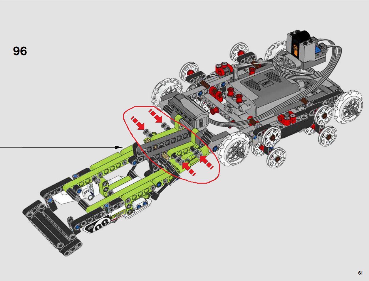 Image of the racer with the upper chassis built and put in its place where it is fixed by inserting the four pins fully